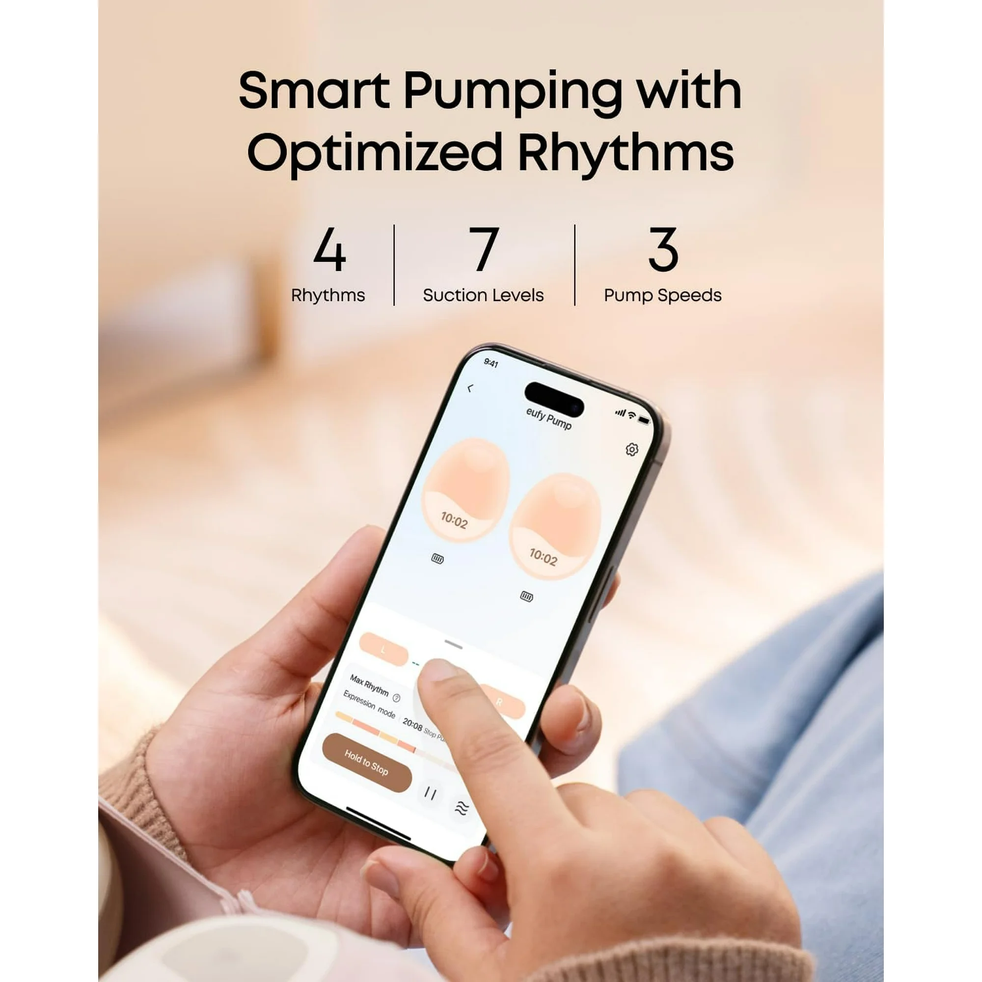 eufy Heated Wearable Breast Pump E20, 3 Heat Levels, Hands-Free Breast Pump with Innovative HeatFlow™, Optimized Rhythm via App, Hospital-Grade Suction, Leakproof, Ultra-Slim and Quiet for in-Bra Use - 图片 4