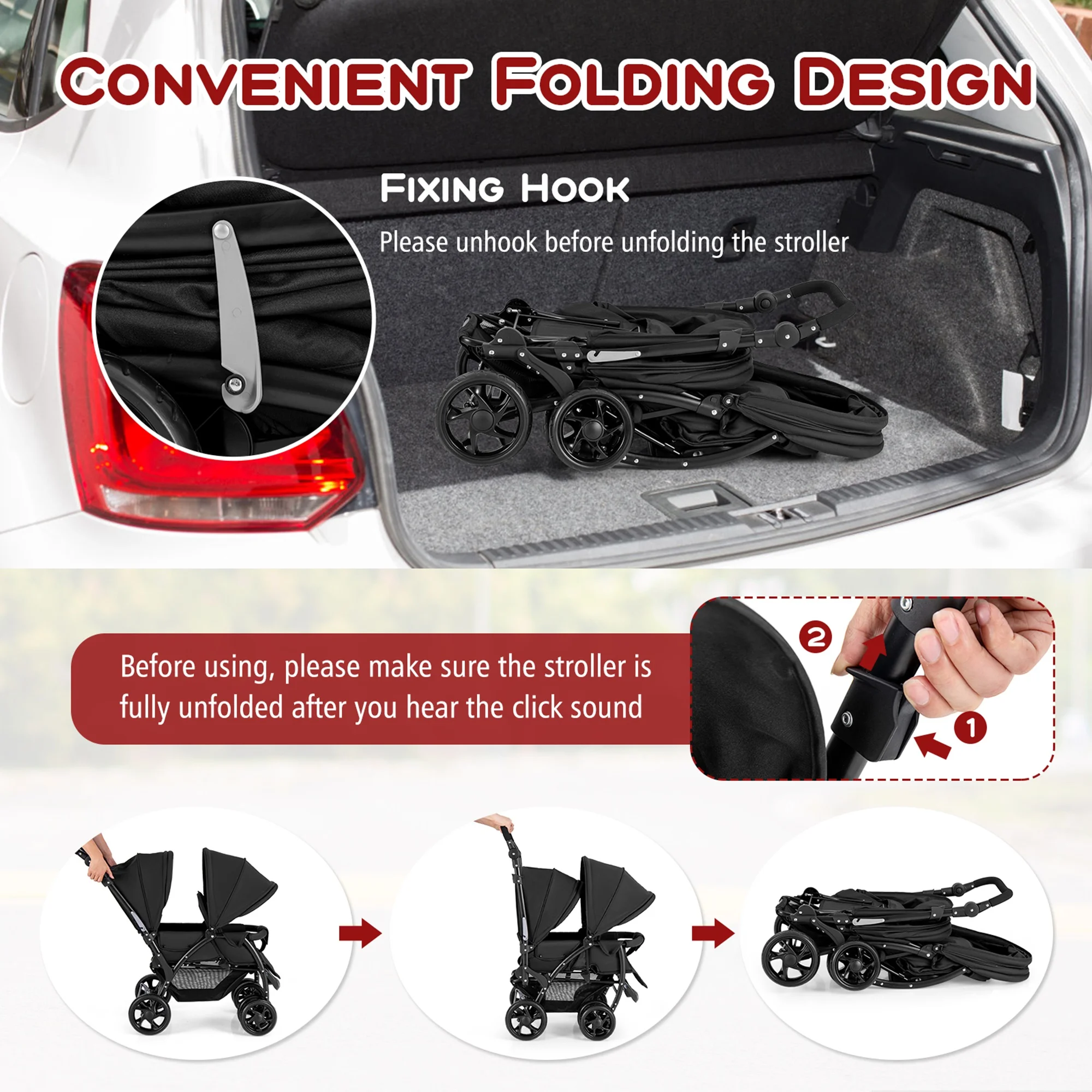 Costway Double Stroller Foldable Baby Twin Lightweight Travel Stroller Infant Pushchair Black - 图片 7