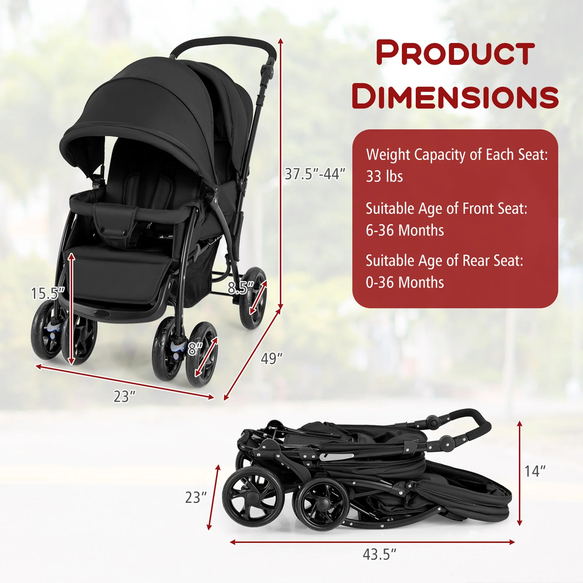 Costway Double Stroller Foldable Baby Twin Lightweight Travel Stroller Infant Pushchair Black - 图片 5
