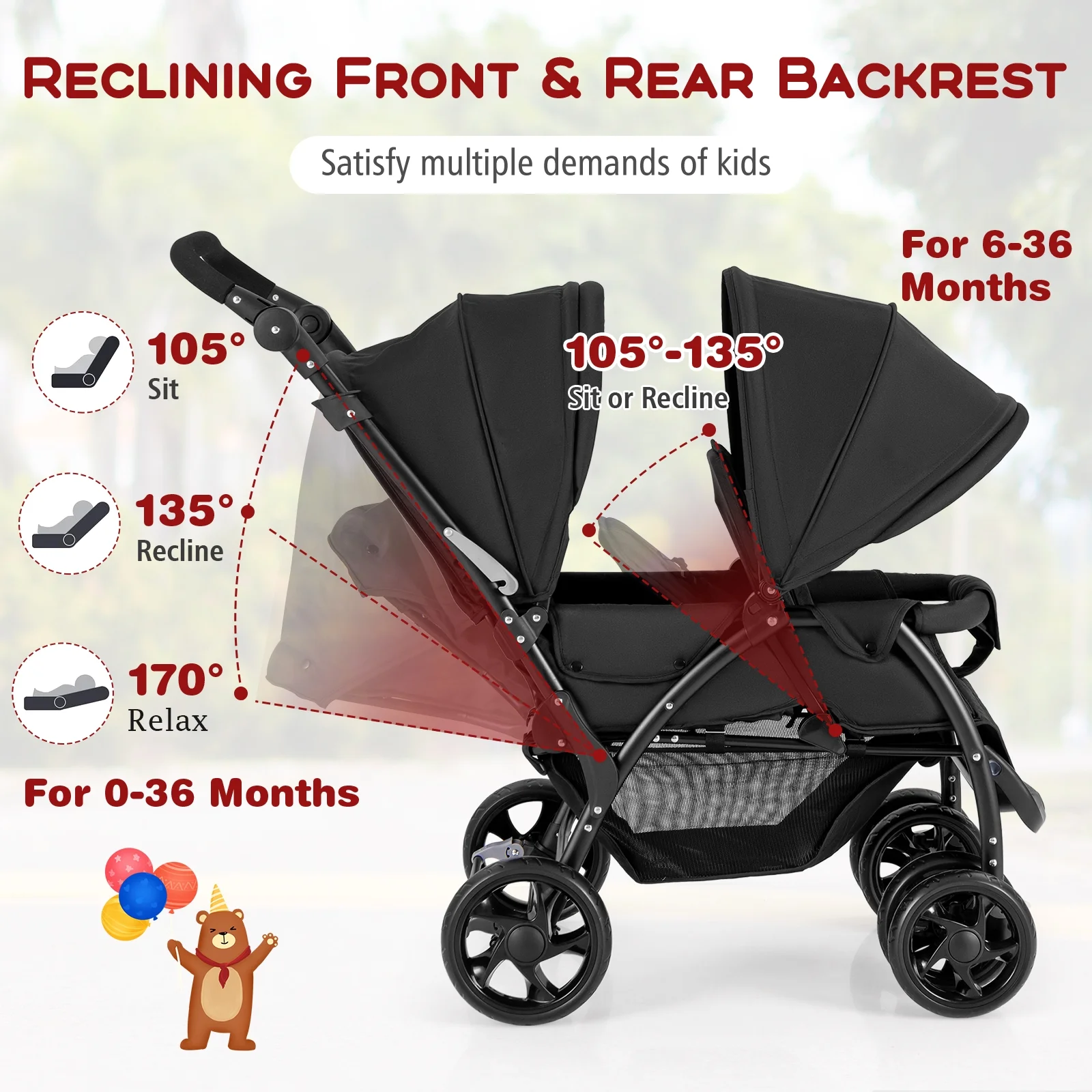 Costway Double Stroller Foldable Baby Twin Lightweight Travel Stroller Infant Pushchair Black - 图片 8