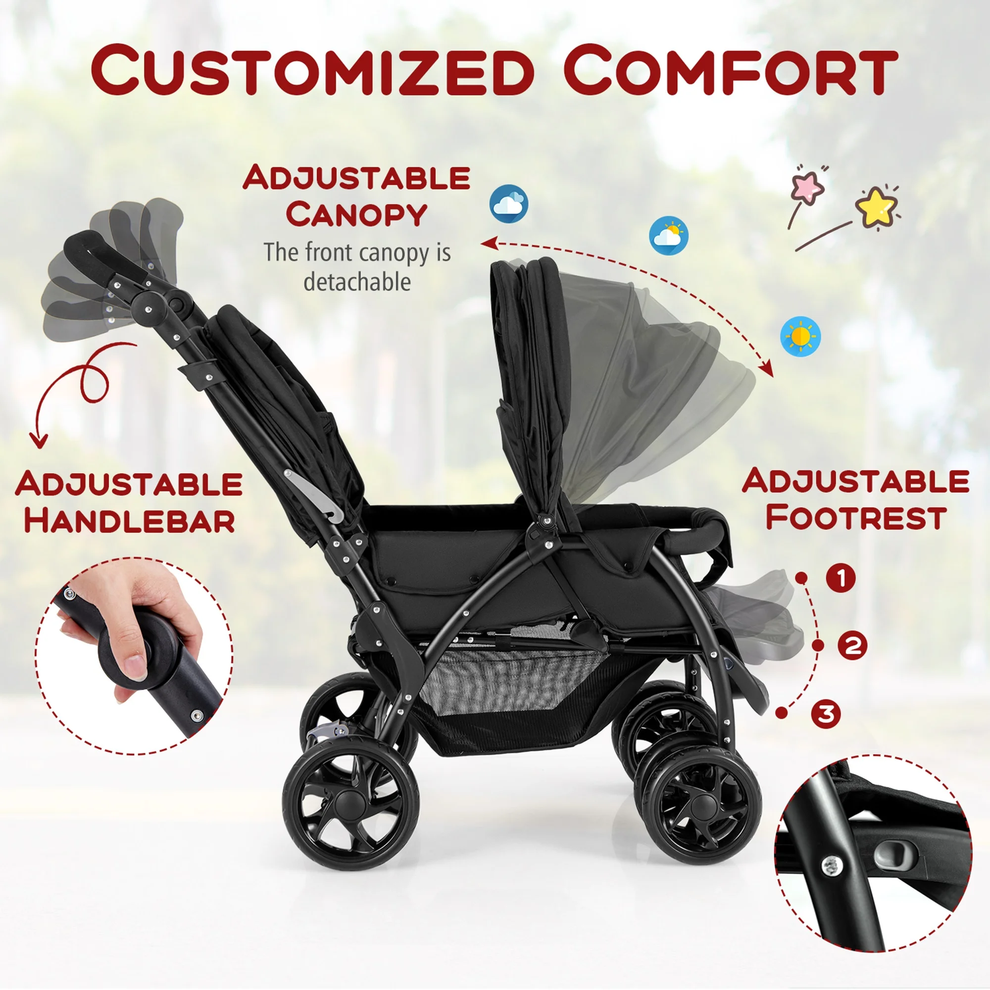 Costway Double Stroller Foldable Baby Twin Lightweight Travel Stroller Infant Pushchair Black - 图片 3