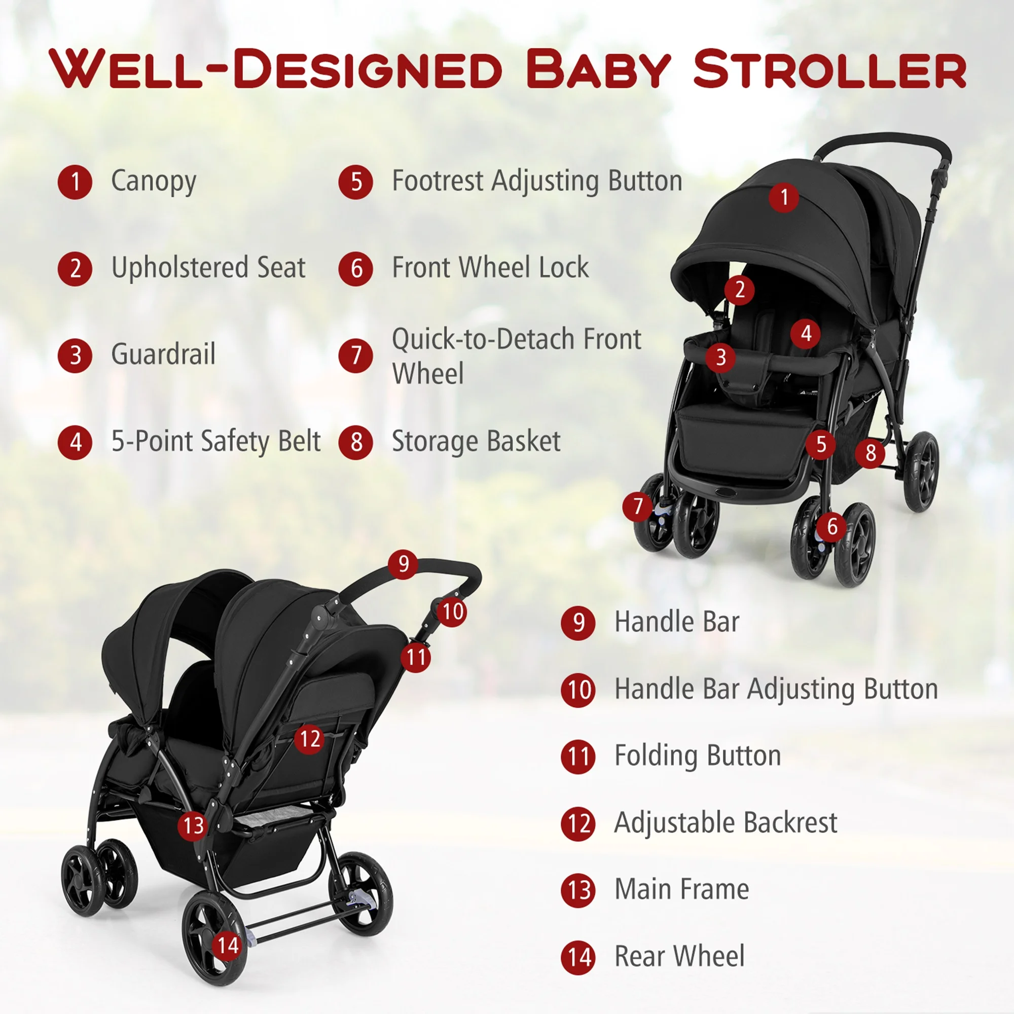 Costway Double Stroller Foldable Baby Twin Lightweight Travel Stroller Infant Pushchair Black - 图片 6