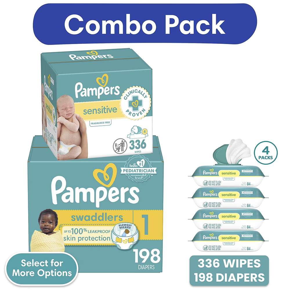 Pampers Swaddlers Diapers, Size 1, 198 Count and Pampers Sensitive Baby Wipes Unscented, 4 Pack, 336 Total Count