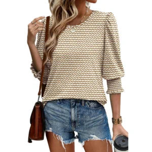 Fantaslook Blouses for Women Dressy Casual 3/4 Length Sleeve Womens Tops with Smocked Cuffs Fashion Shirts