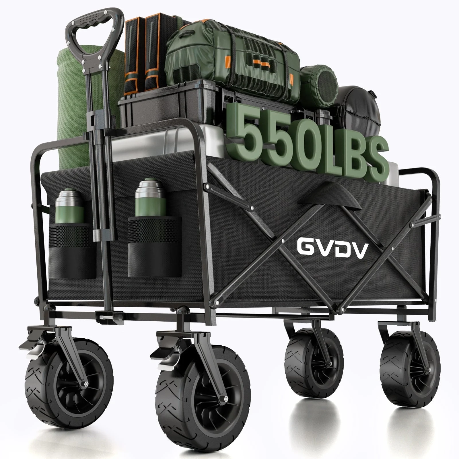 GVDV Collapsible Folding Wagon, 550LBS Large Heavy Duty Utility Cart with All-Terrain Wheels and Adjustable Handles for Shopping, Camping, Sports, Outdoor, Beach, Black