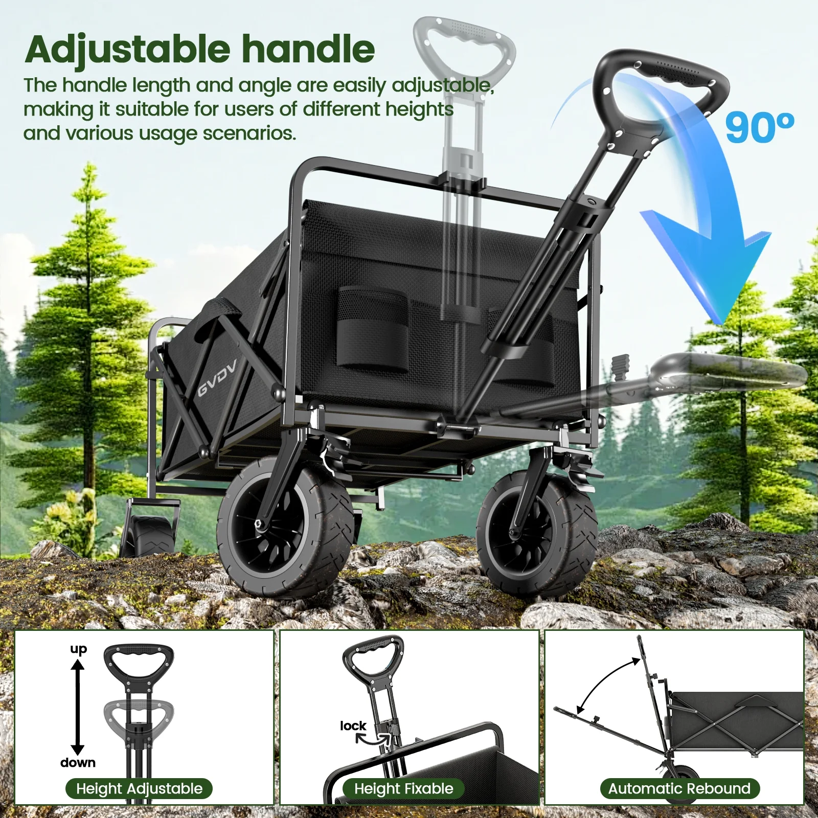 GVDV Collapsible Folding Wagon, 550LBS Large Heavy Duty Utility Cart with All-Terrain Wheels and Adjustable Handles for Shopping, Camping, Sports, Outdoor, Beach, Black - 图片 5