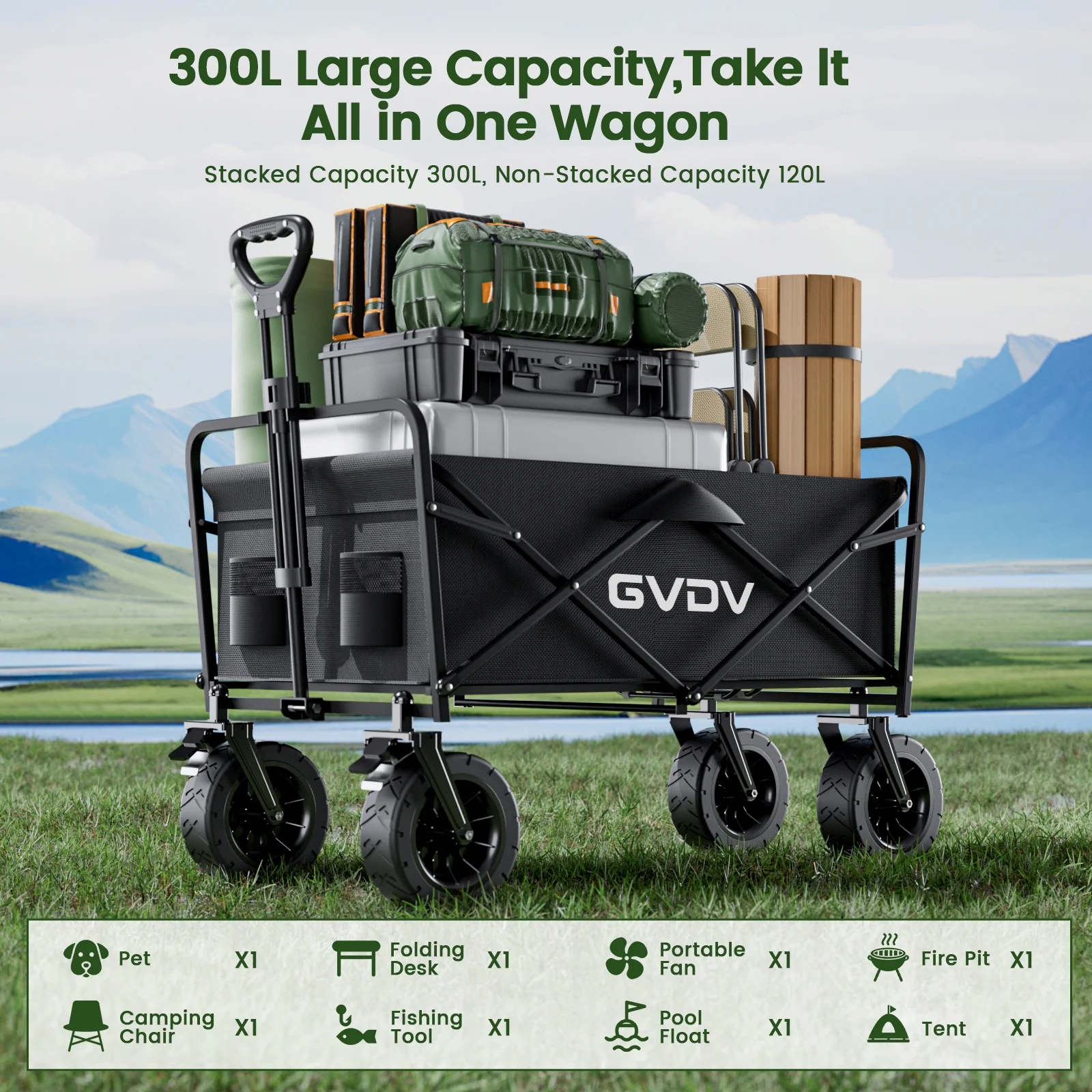 GVDV Collapsible Folding Wagon, 550LBS Large Heavy Duty Utility Cart with All-Terrain Wheels and Adjustable Handles for Shopping, Camping, Sports, Outdoor, Beach, Black - 图片 4