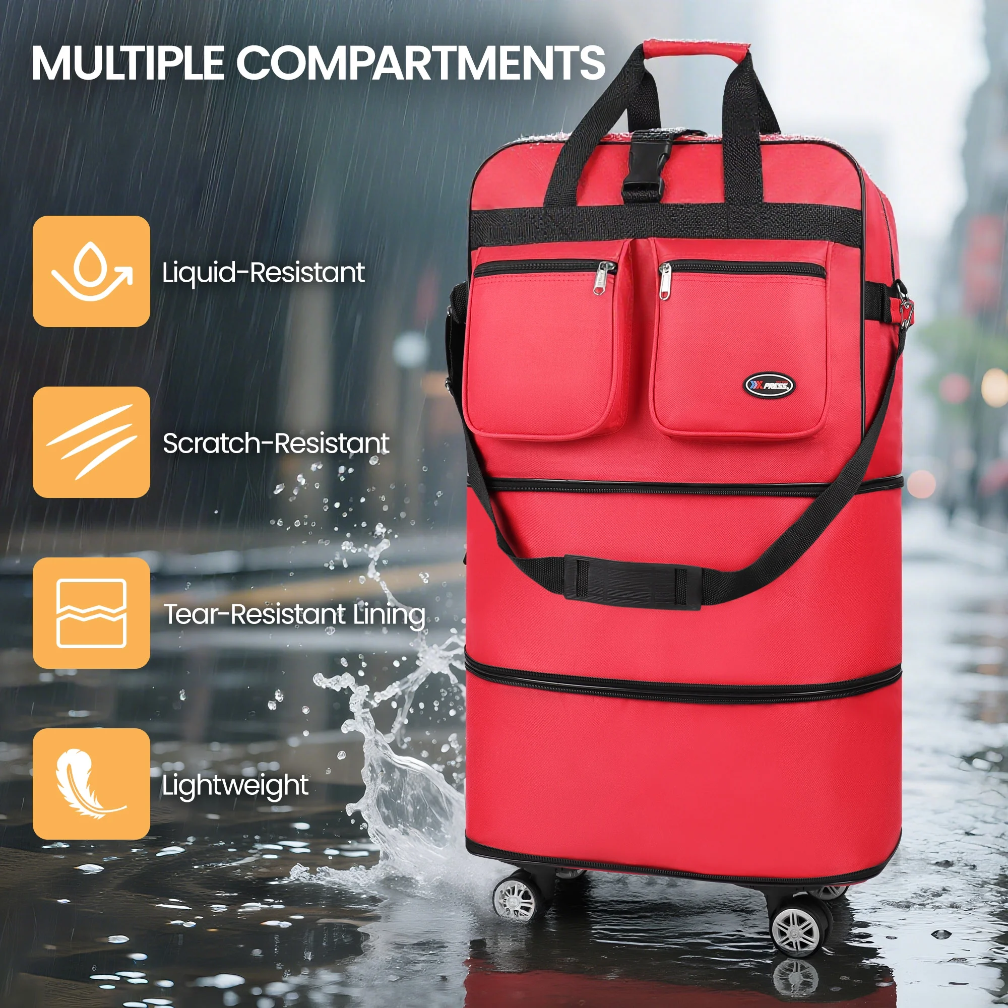 30" Expandable Foldable Luggage Bag,Collapsible Suitcases with Wheels,Lightweight Rolling Duffle Bag for Travel, Moving, Home Storage, Red, MEX - 图片 2