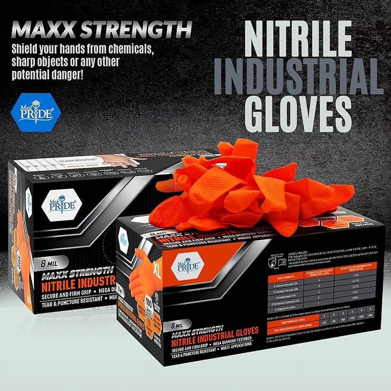 MEDPRIDE Orange Disposable Nitrile Gloves – X-Large, 100-Pack, Latex-Free Powder-Free 8 Mil Industrial Heavy-Duty Chemical & Mechanics Gloves - 图片 2